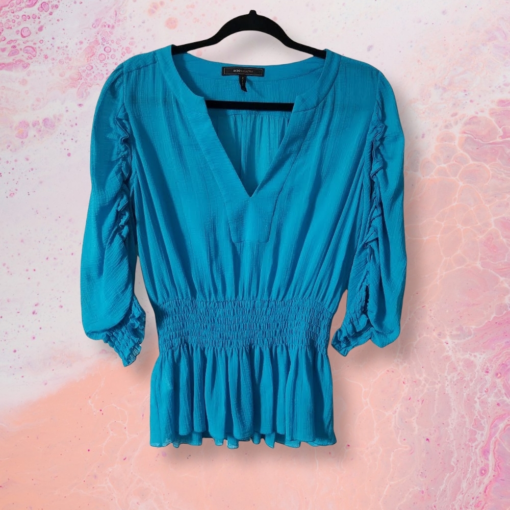 BCBGMaxAzria Turquois Blue Three Quarter Sleeve Pleated Ruched Top Blouse